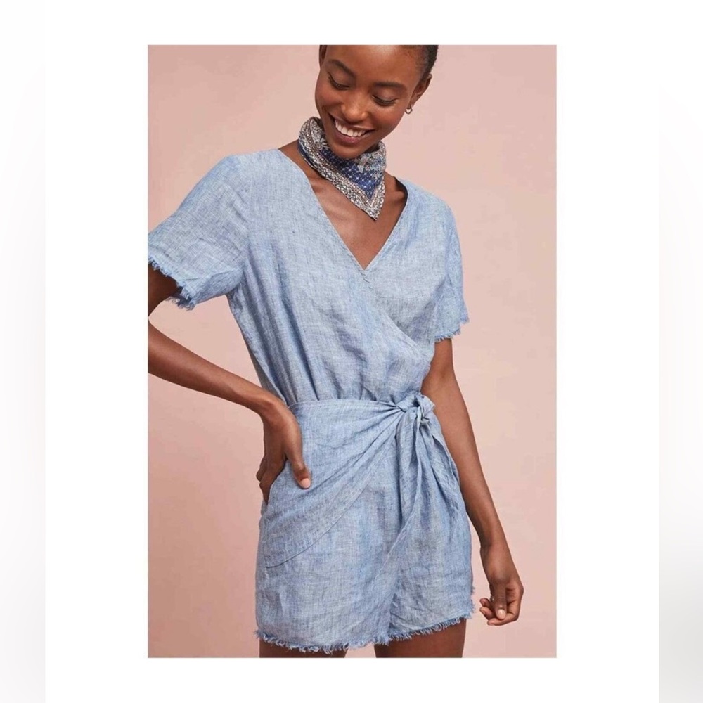 Anthropologie Blue Chambray Linen Front Tie Romper